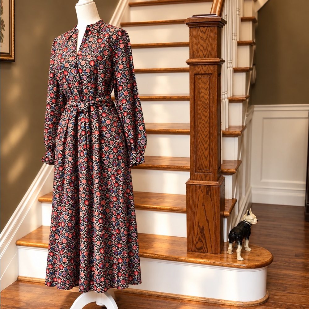 Boden Black Dress with Red Floral Print - Long Sleeve Midi